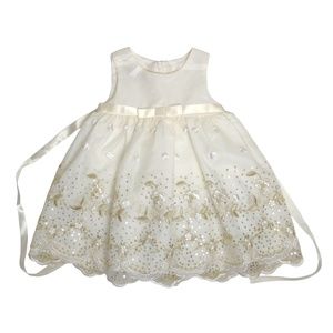 Baby Girl Sleeveless Ivory Cream Satin Floral Lace Scallop Hem Dress Size 6-9M